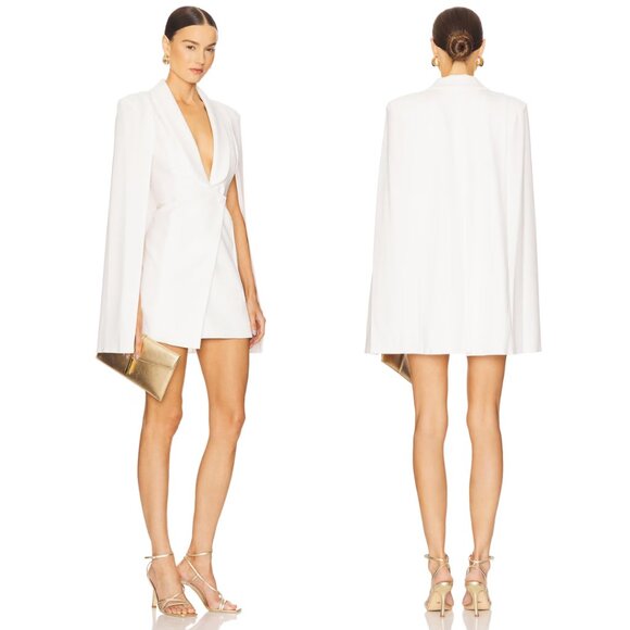 Katie May Boss Lady Cape Sleeves Mini Dress Ivory Padded Shoulders Sz Medium - Picture 2 of 12